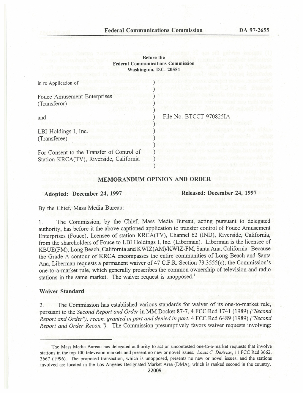 Federal Communications Commission DA 97-2655 Fouce Amusement