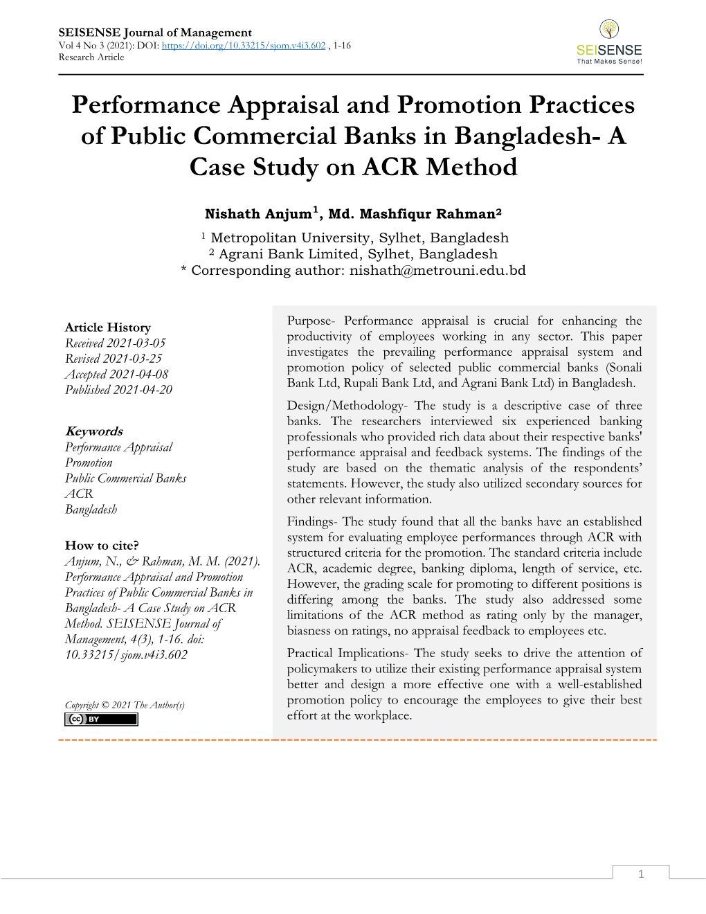 Performance Appraisal and Promotion Practices of Public Commercial Banks in Bangladesh- a Case Study on ACR Method