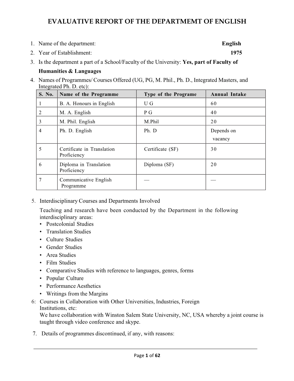 Department of English, Faculty of Humanities and Languages