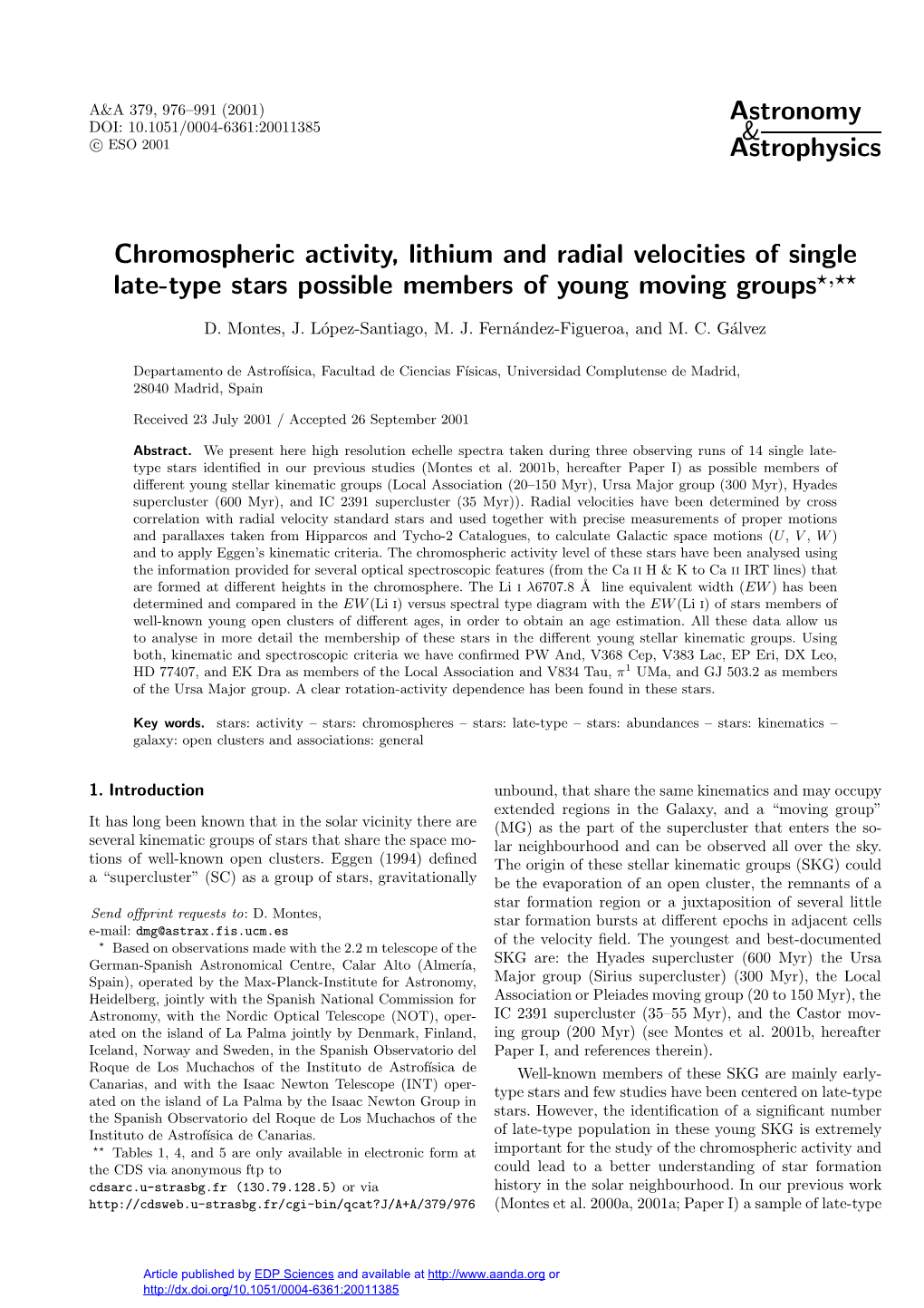 Astronomy & Astrophysics Chromospheric Activity, Lithium And