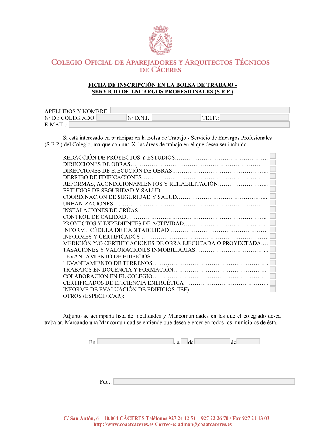 Ficha De Inscripcion En El Servicio De Encargos