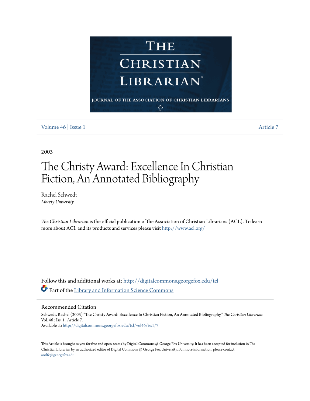 The Christy Award: Excellence in Christian Fiction, an Annotated
