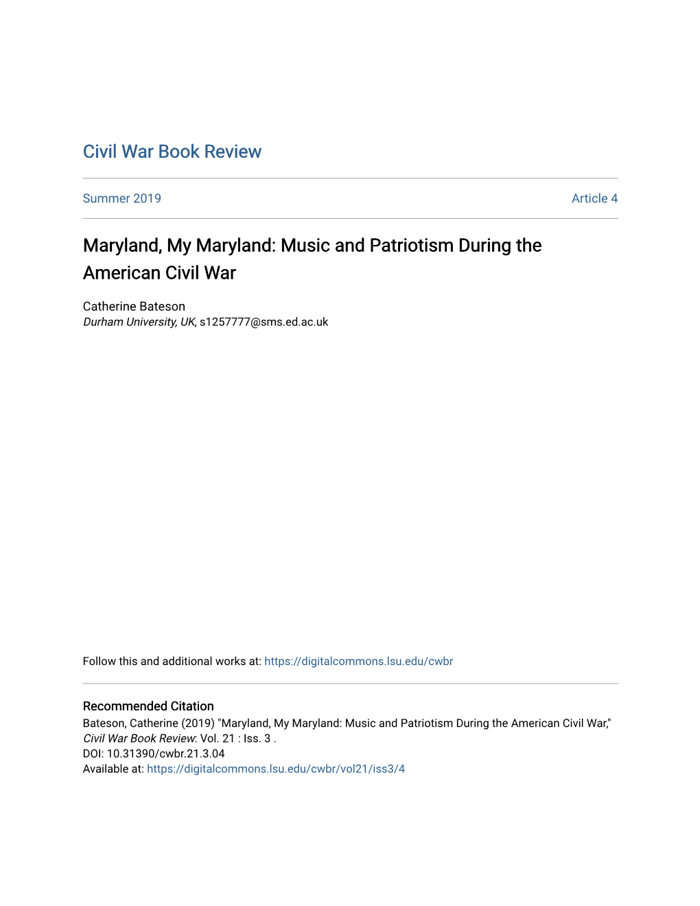 Maryland, My Maryland: Music and Patriotism During the American Civil War