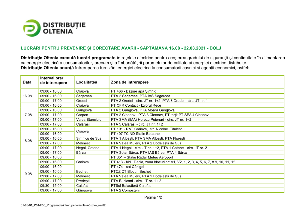 Săptămâna 16.08 - 22.08.2021 - Dolj