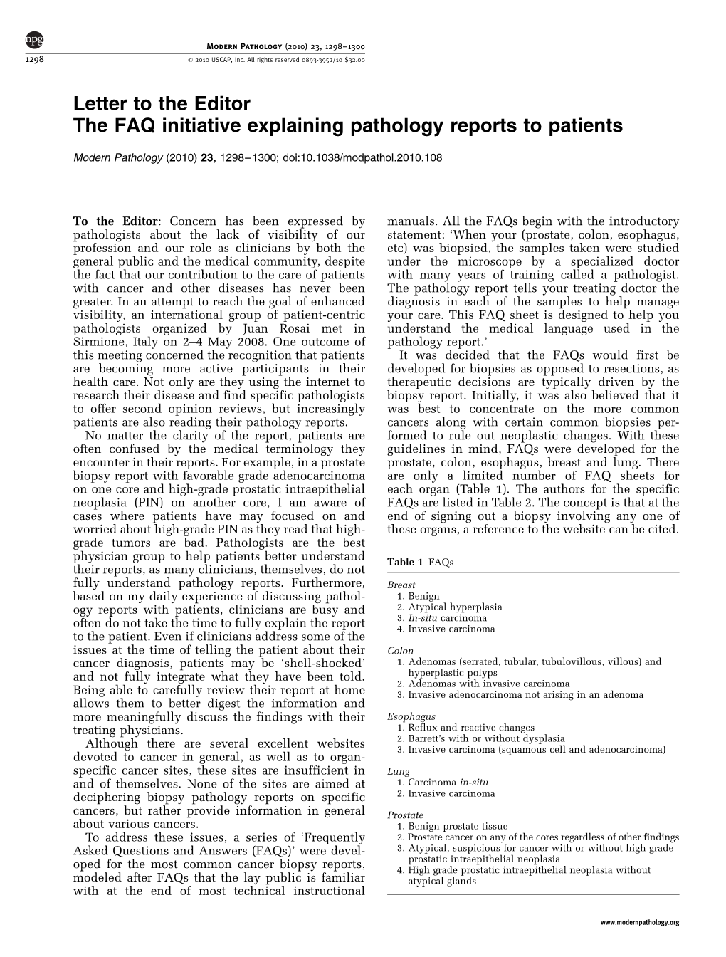 The FAQ Initiative Explaining Pathology Reports to Patients