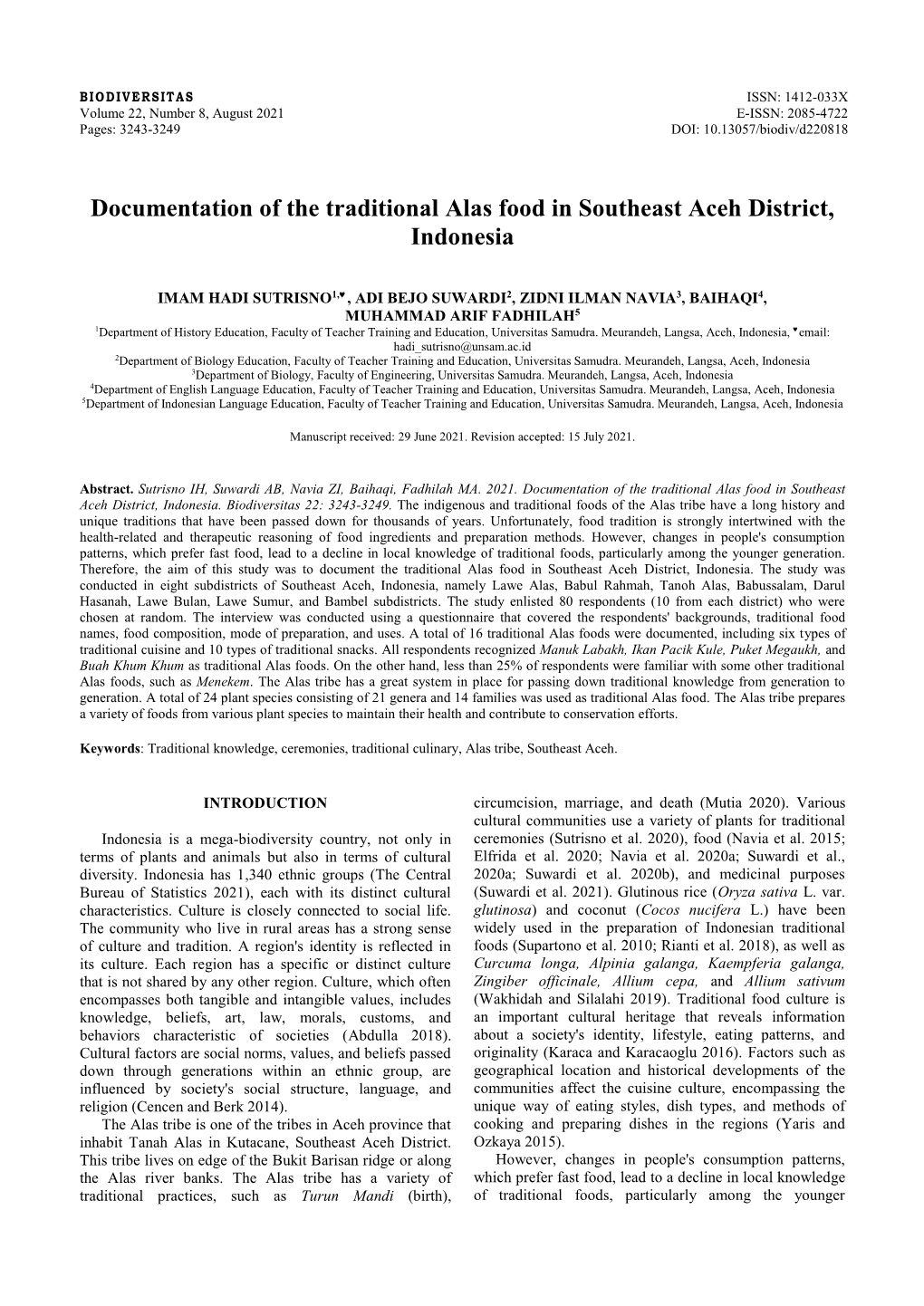 Documentation of the Traditional Alas Food in Southeast Aceh District, Indonesia