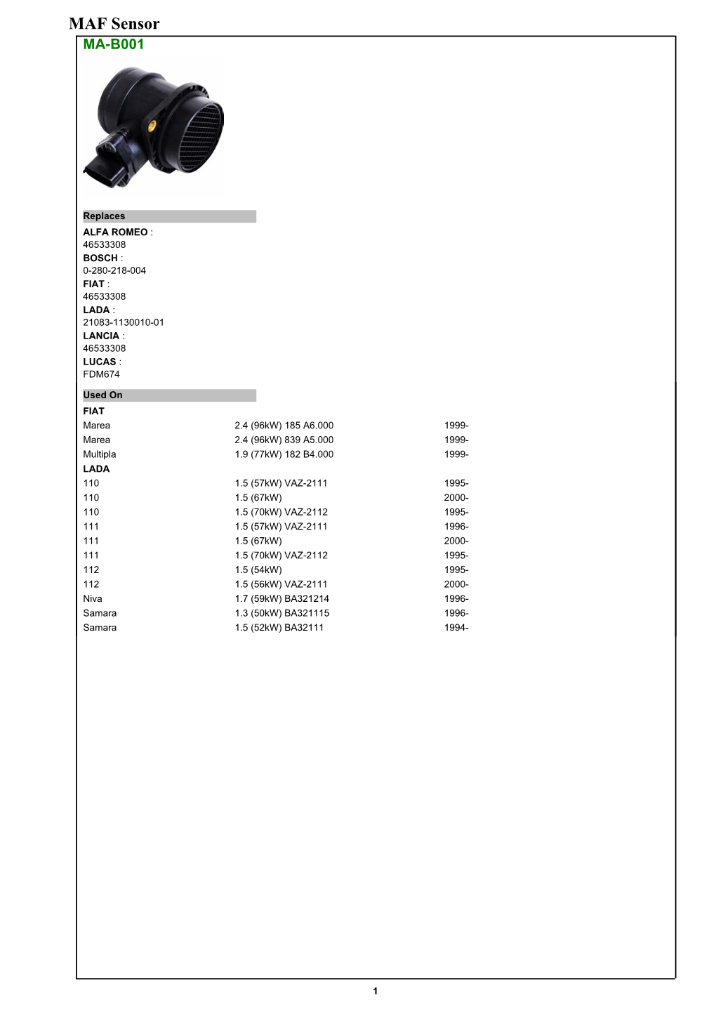 MAF Sensor MA-B001