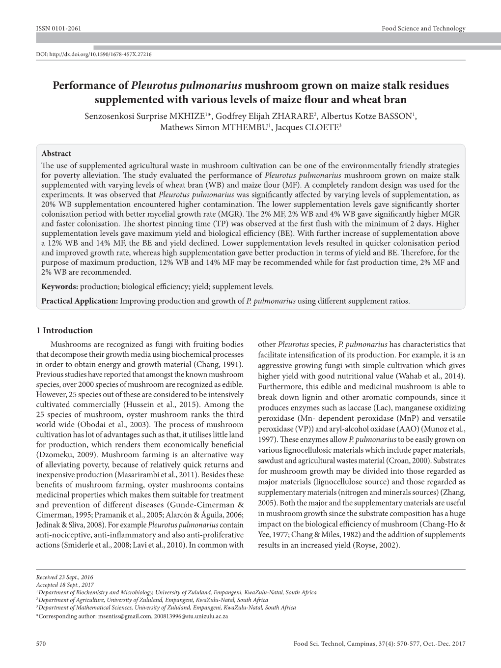 Performance of Pleurotus Pulmonarius Mushroom Grown on Maize Stalk