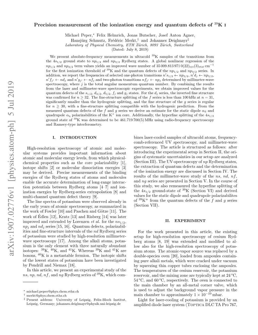 Arxiv:1907.02776V1 [Physics.Atom-Ph] 5 Jul 2019 Bosons, K Is a Metastable Fermion