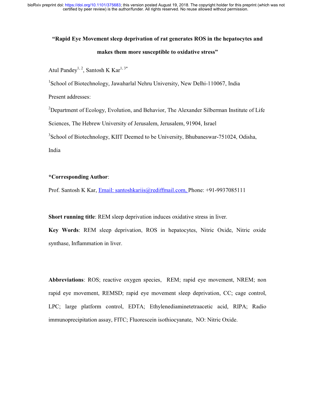 “Rapid Eye Movement Sleep Deprivation of Rat Generates ROS in the Hepatocytes And