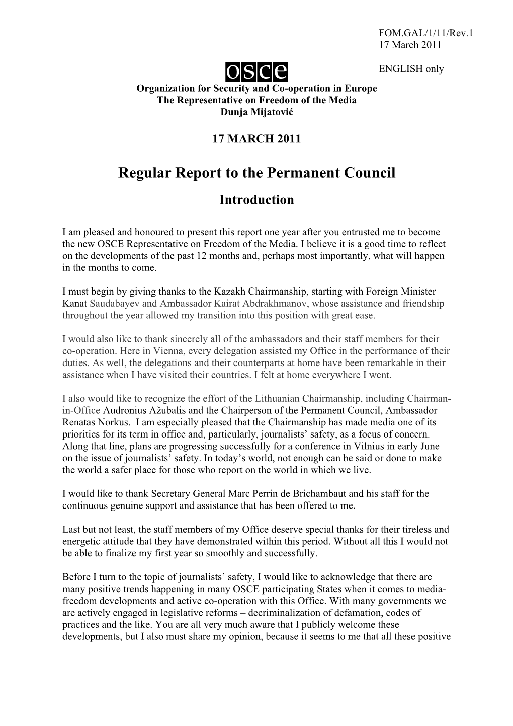 Regular Report to the Permanent Council Introduction