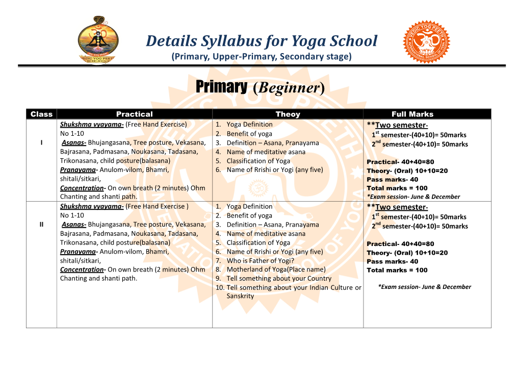 Details Syllabus for Yoga School Primary (Beginner)