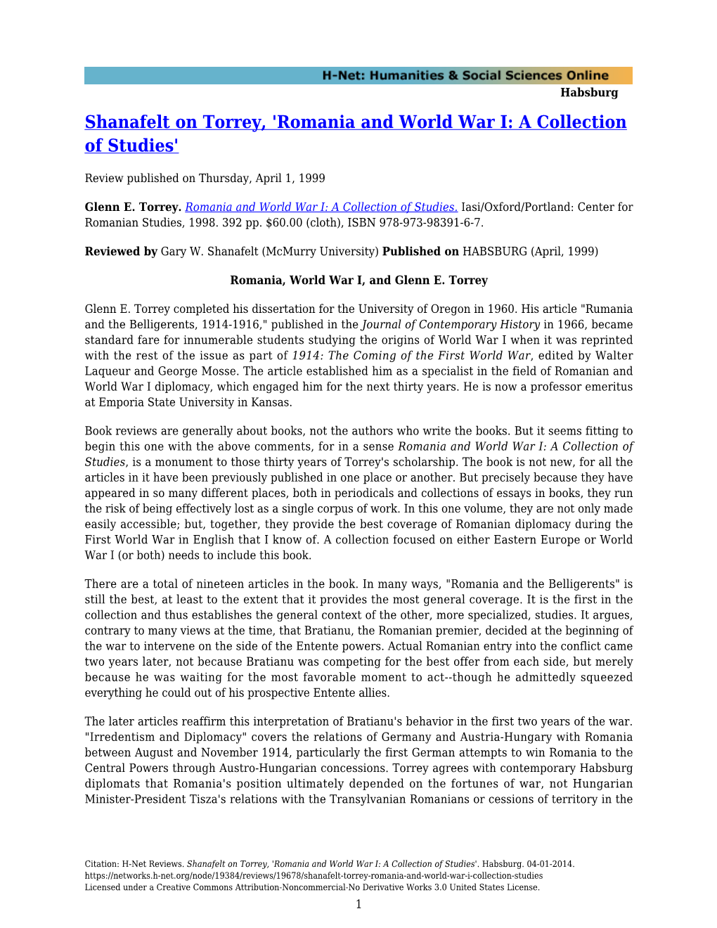 Shanafelt on Torrey, 'Romania and World War I: a Collection of Studies'