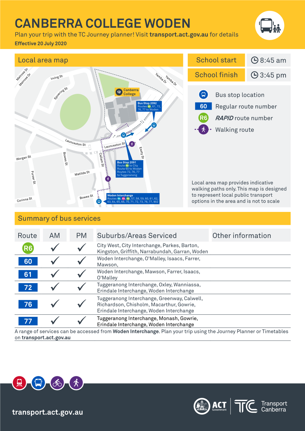 CANBERRA COLLEGE WODEN Plan Your Trip with the TC Journey Planner! Visit Transport.Act.Gov.Au for Details Effective 20 July 2020