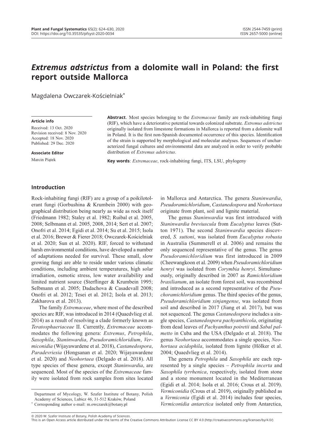 Extremus Adstrictus from a Dolomite Wall in Poland: the First Report Outside Mallorca