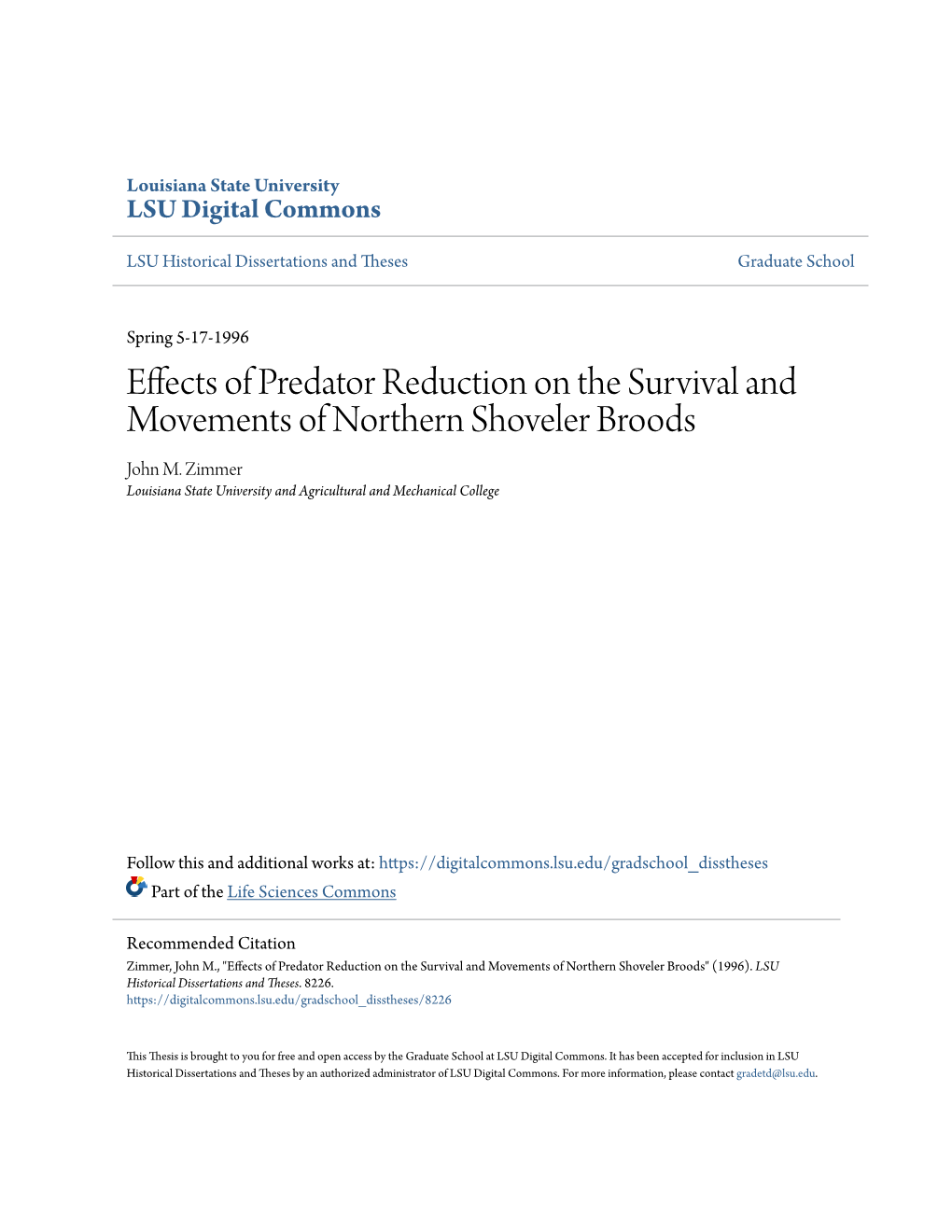 Effects of Predator Reduction on the Survival and Movements of Northern Shoveler Broods John M