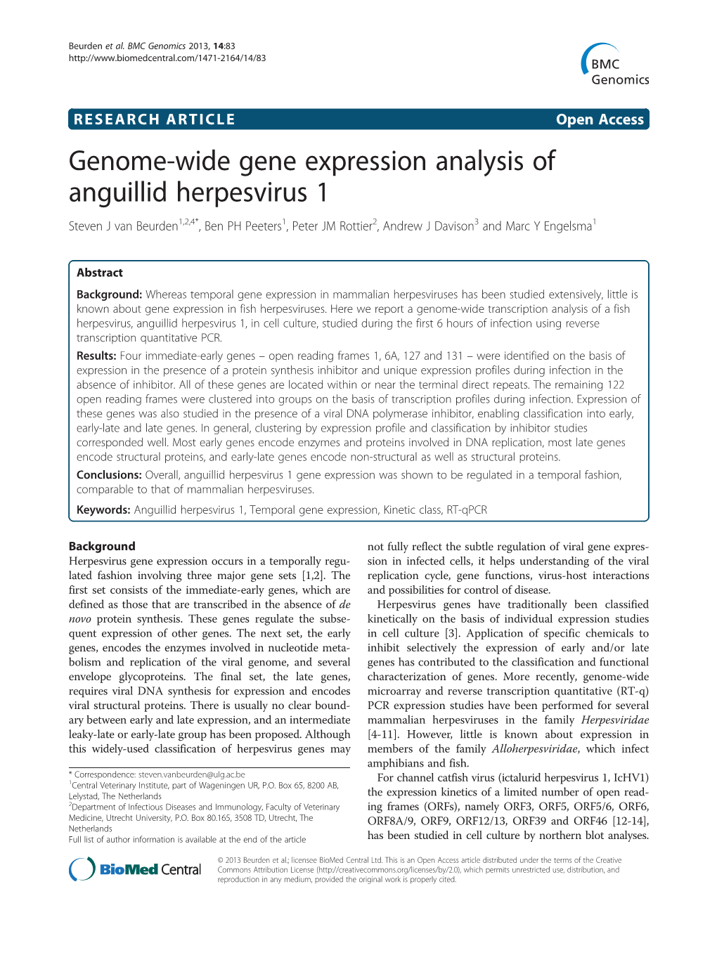 Genome-Wide Gene Expression Analysis of Anguillid Herpesvirus 1 Steven J Van Beurden1,2,4*, Ben PH Peeters1, Peter JM Rottier2, Andrew J Davison3 and Marc Y Engelsma1