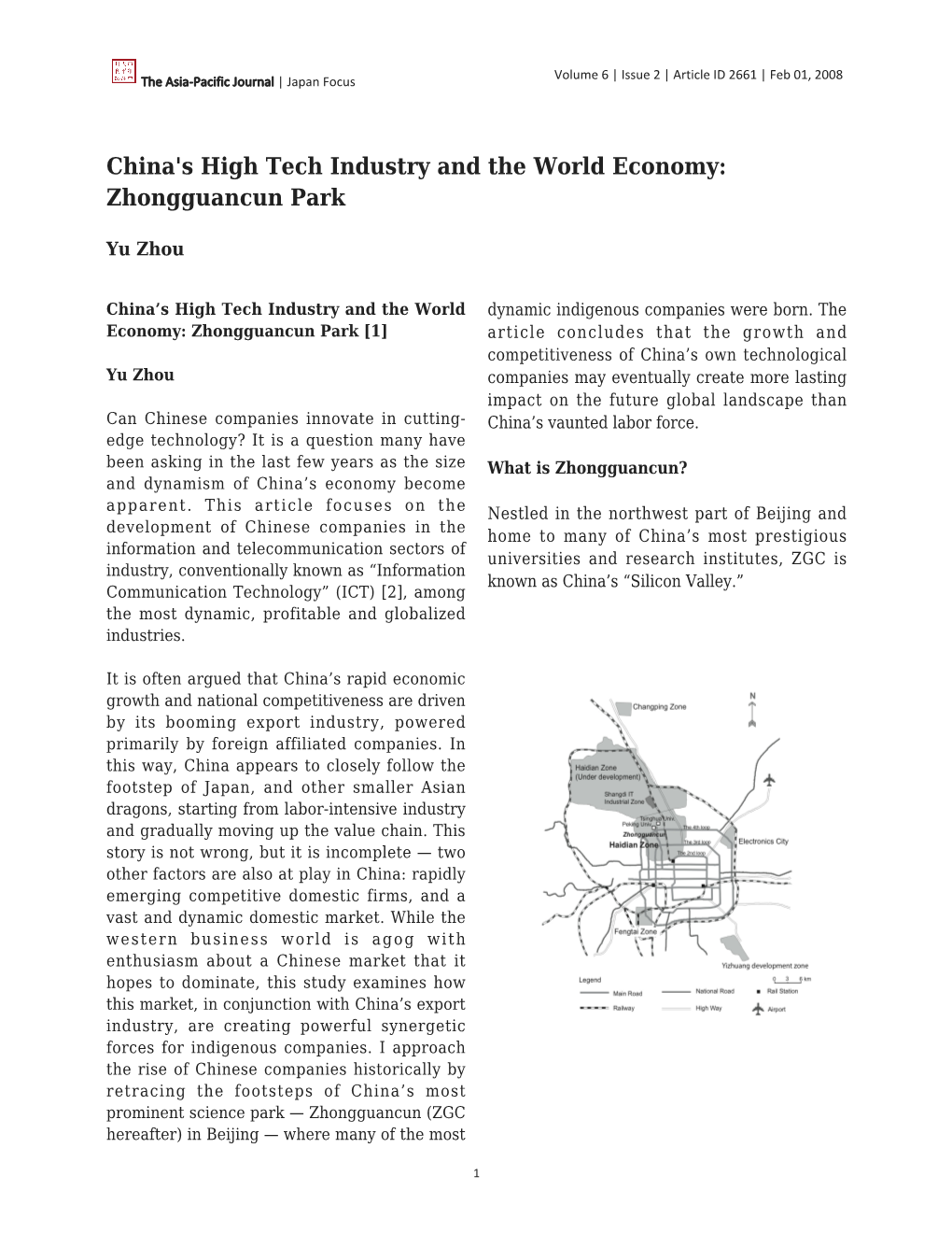 China's High Tech Industry and the World Economy: Zhongguancun Park