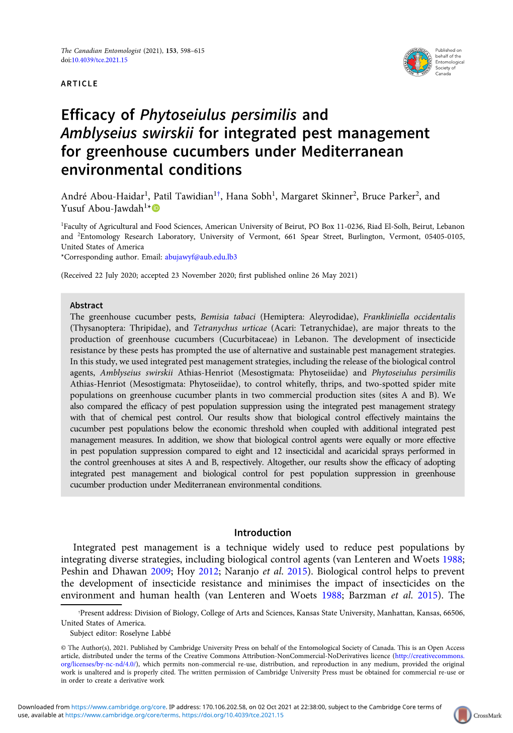Efficacy of Phytoseiulus Persimilis and Amblyseius Swirskii for Integrated Pest Management for Greenhouse Cucumbers Under Mediterranean Environmental Conditions