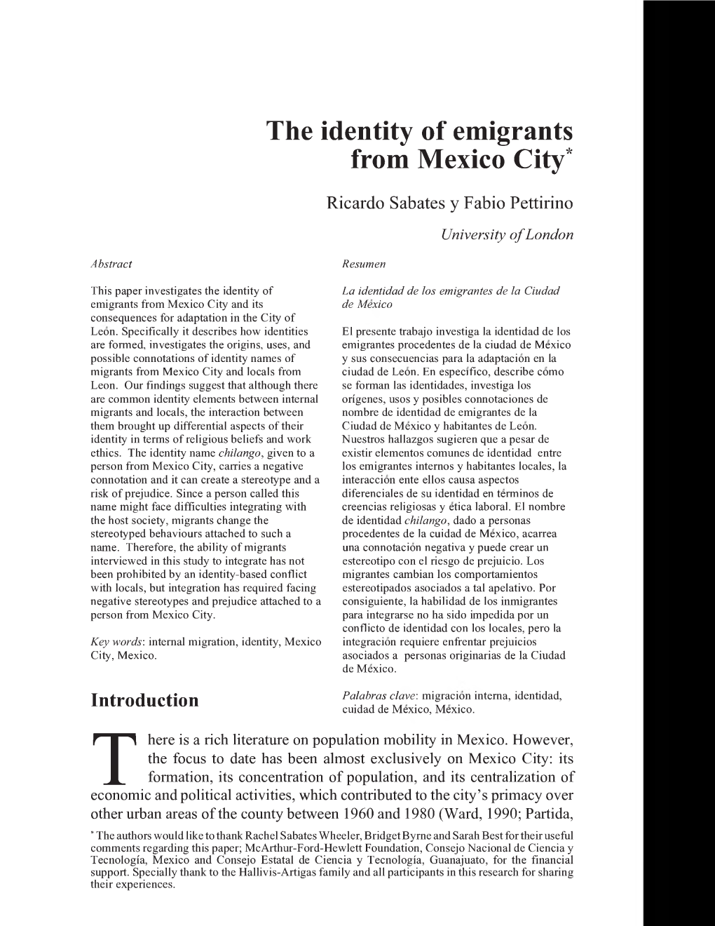 The Identity of Emigrants from Mexico City*