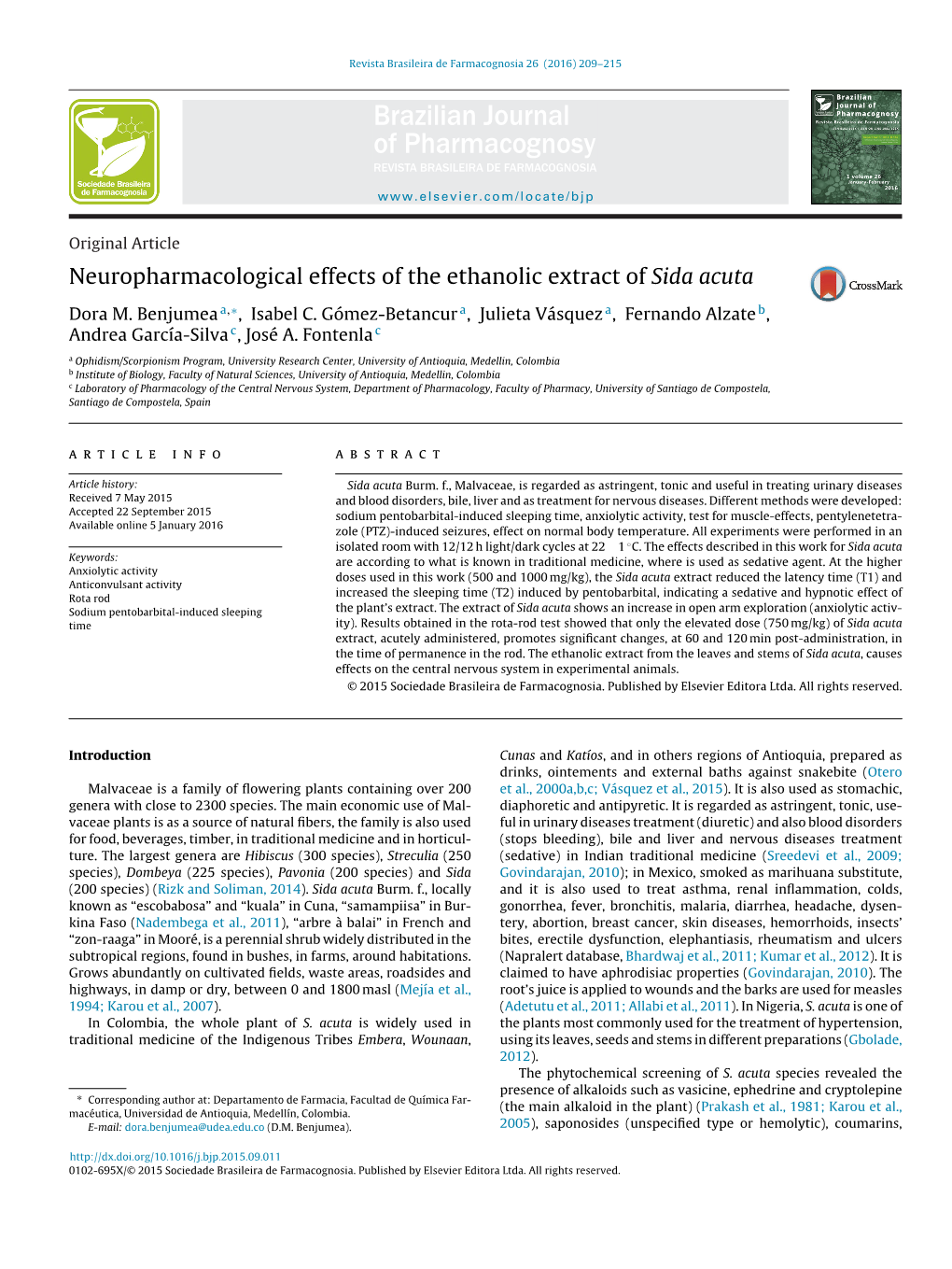 Neuropharmacological Effects of the Ethanolic Extract of Sida Acuta