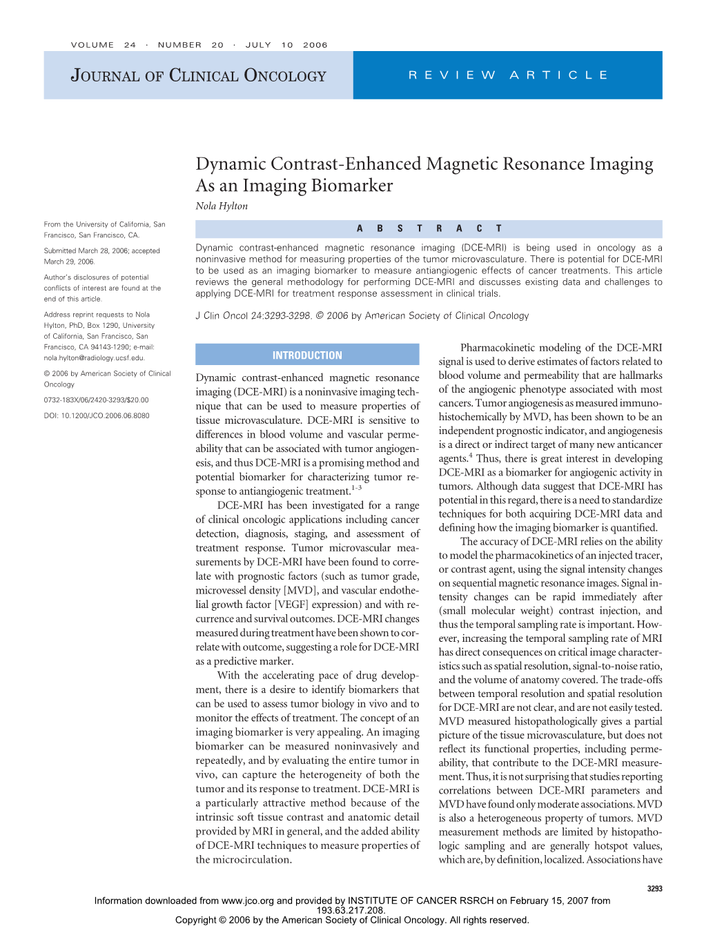 Dynamic Contrast-Enhanced Magnetic Resonance Imaging As an Imaging Biomarker Nola Hylton