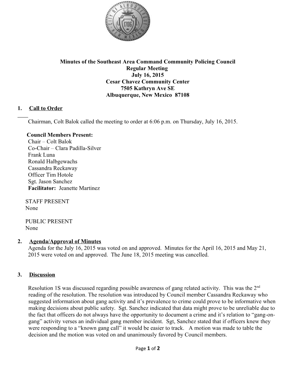 Minutes of the Southeast Area Command Community Policing Council