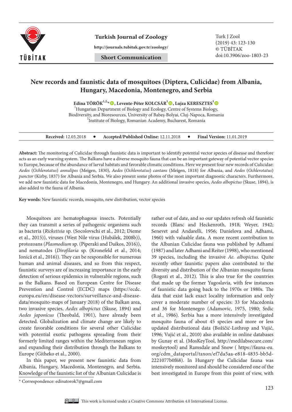 Diptera, Culicidae) from Albania, Hungary, Macedonia, Montenegro, and Serbia