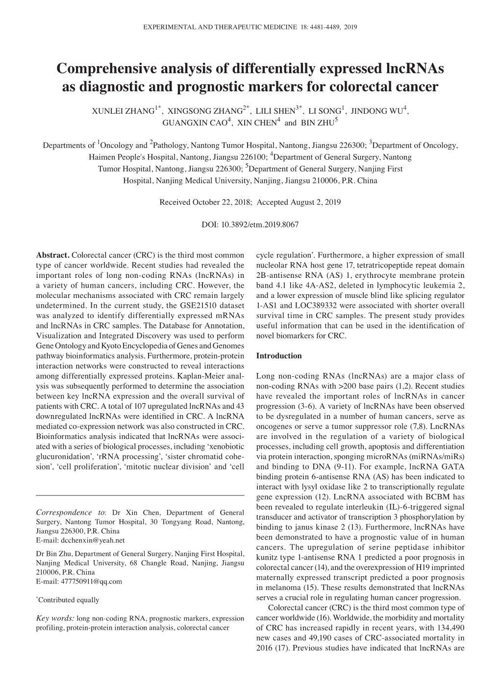 Comprehensive Analysis of Differentially Expressed Lncrnas As Diagnostic and Prognostic Markers for Colorectal Cancer