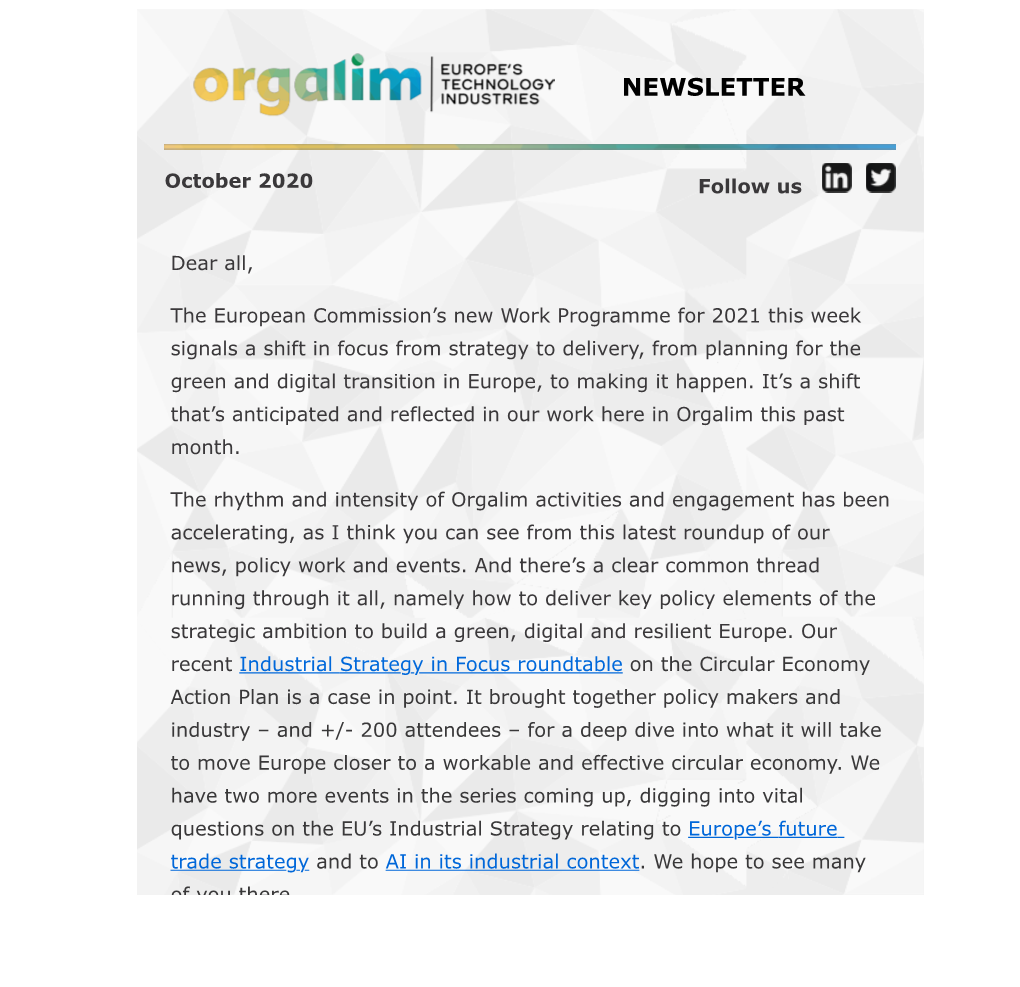 Orgalim Newsletter October 2020