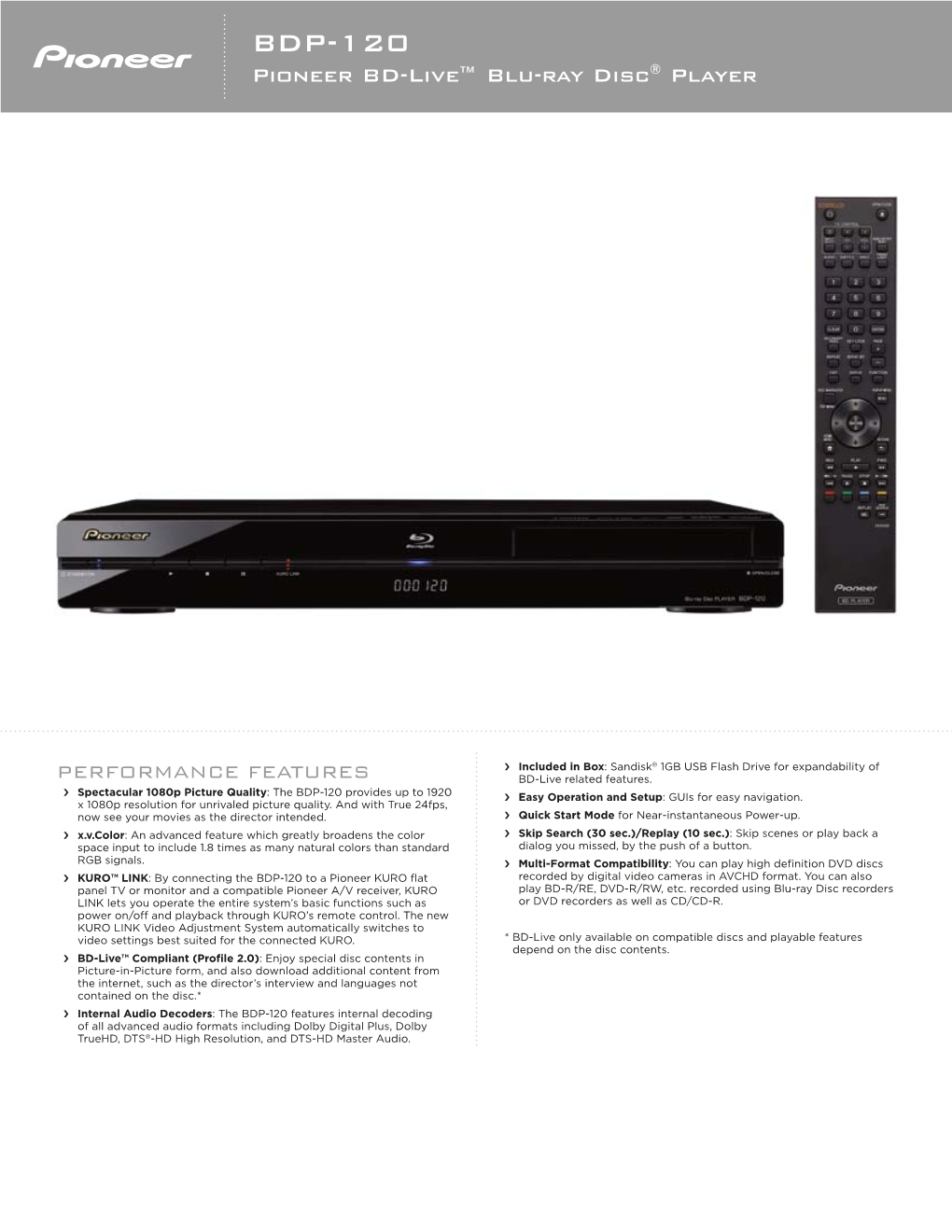 BDP-120 Pioneer BD-Live™ Blu-Ray Disc® Player
