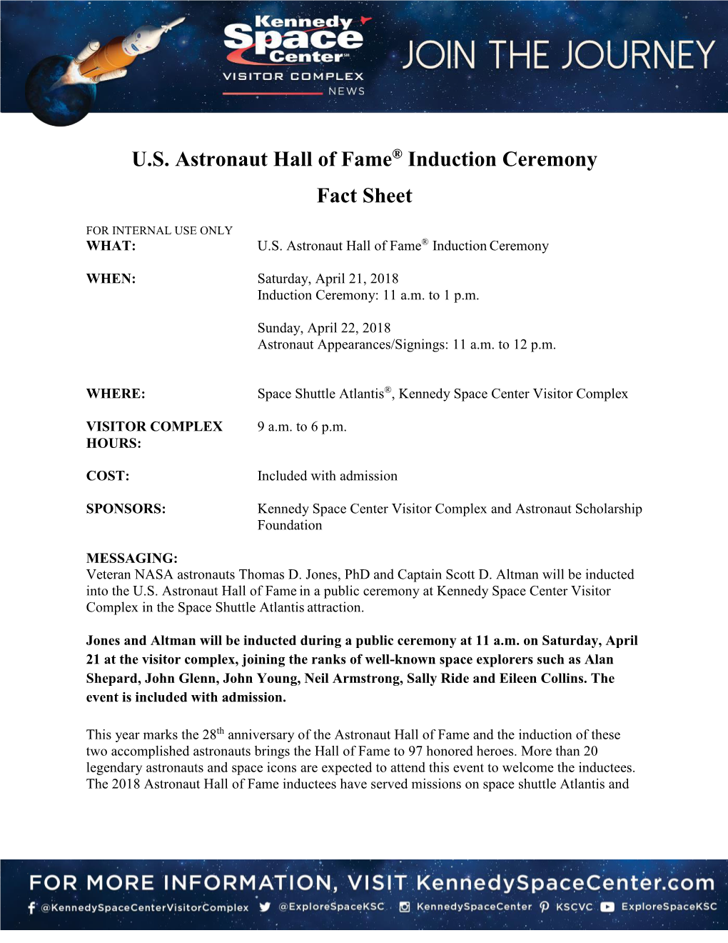 U.S. Astronaut Hall of Fame® Induction Ceremony Fact Sheet