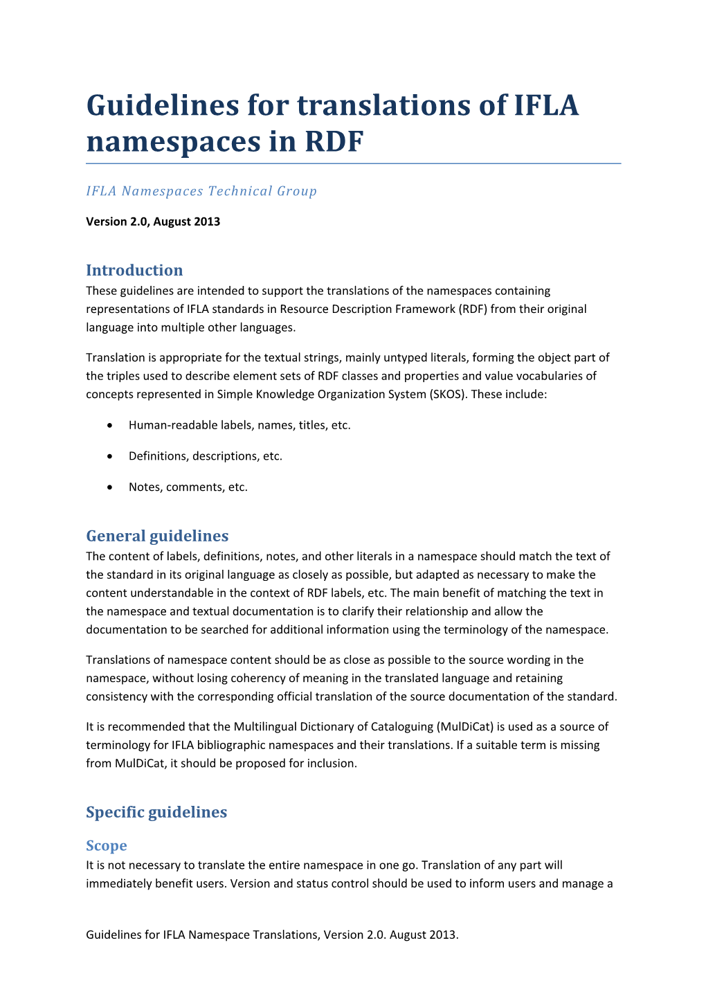 Guidelines for Translations of IFLA Namespaces in RDF