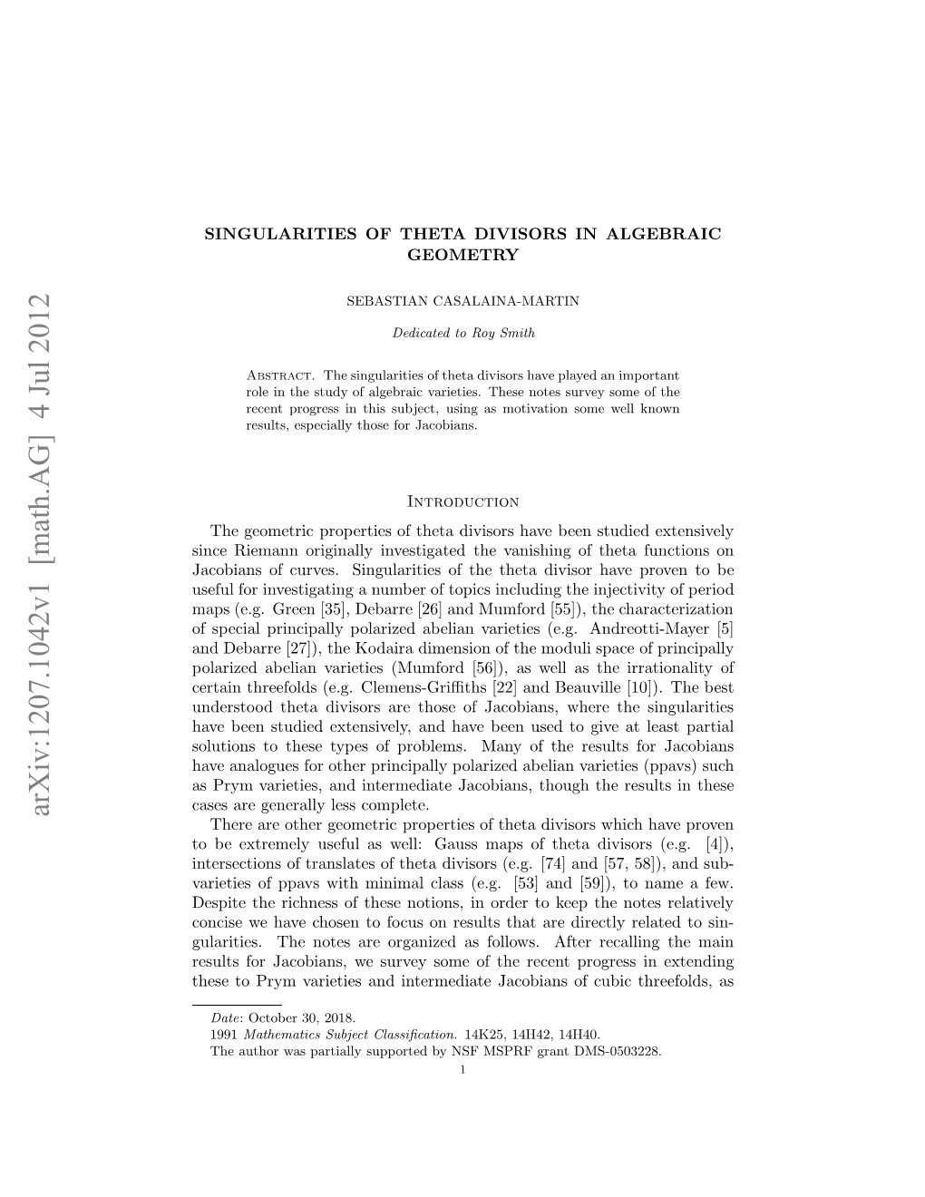 Arxiv:1207.1042V1 [Math.AG] 4 Jul 2012 Spy Aite,Aditreit Aoin,Tog H R for the Complete