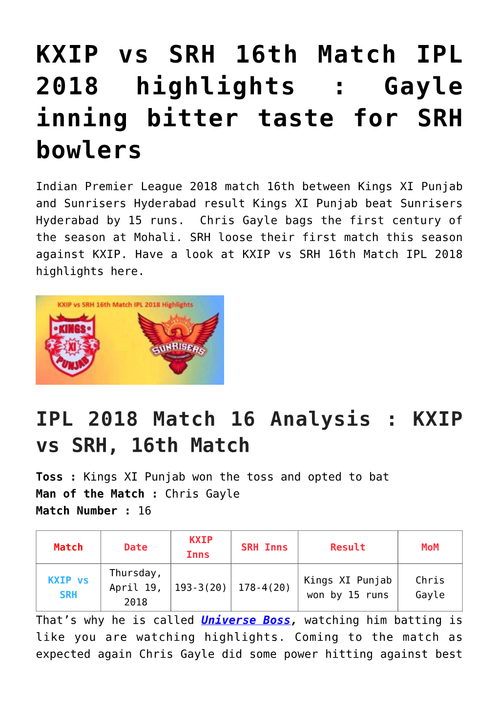KXIP Vs SRH 16Th Match IPL 2018 Highlights : Gayle Inning Bitter Taste for SRH Bowlers