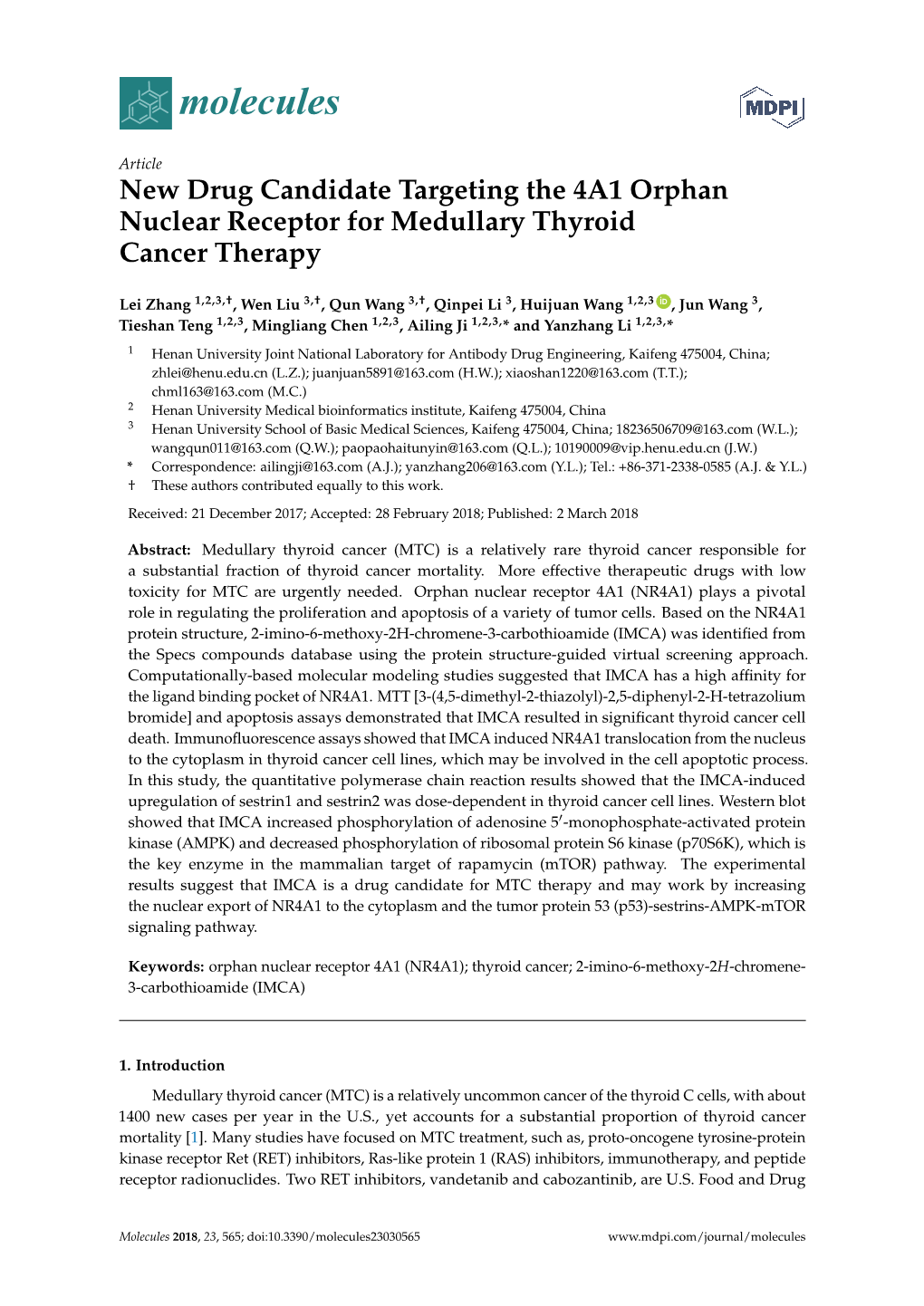 New Drug Candidate Targeting the 4A1 Orphan Nuclear Receptor for Medullary Thyroid Cancer Therapy