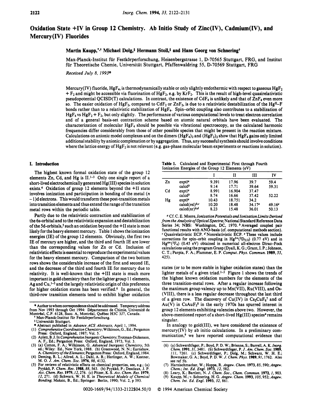 Oxidation State +IV in Group 12 Chemistry. Ab Initio Study of Zinc(IV), Cadmium(IV), and Mercury( IV) Fluorides