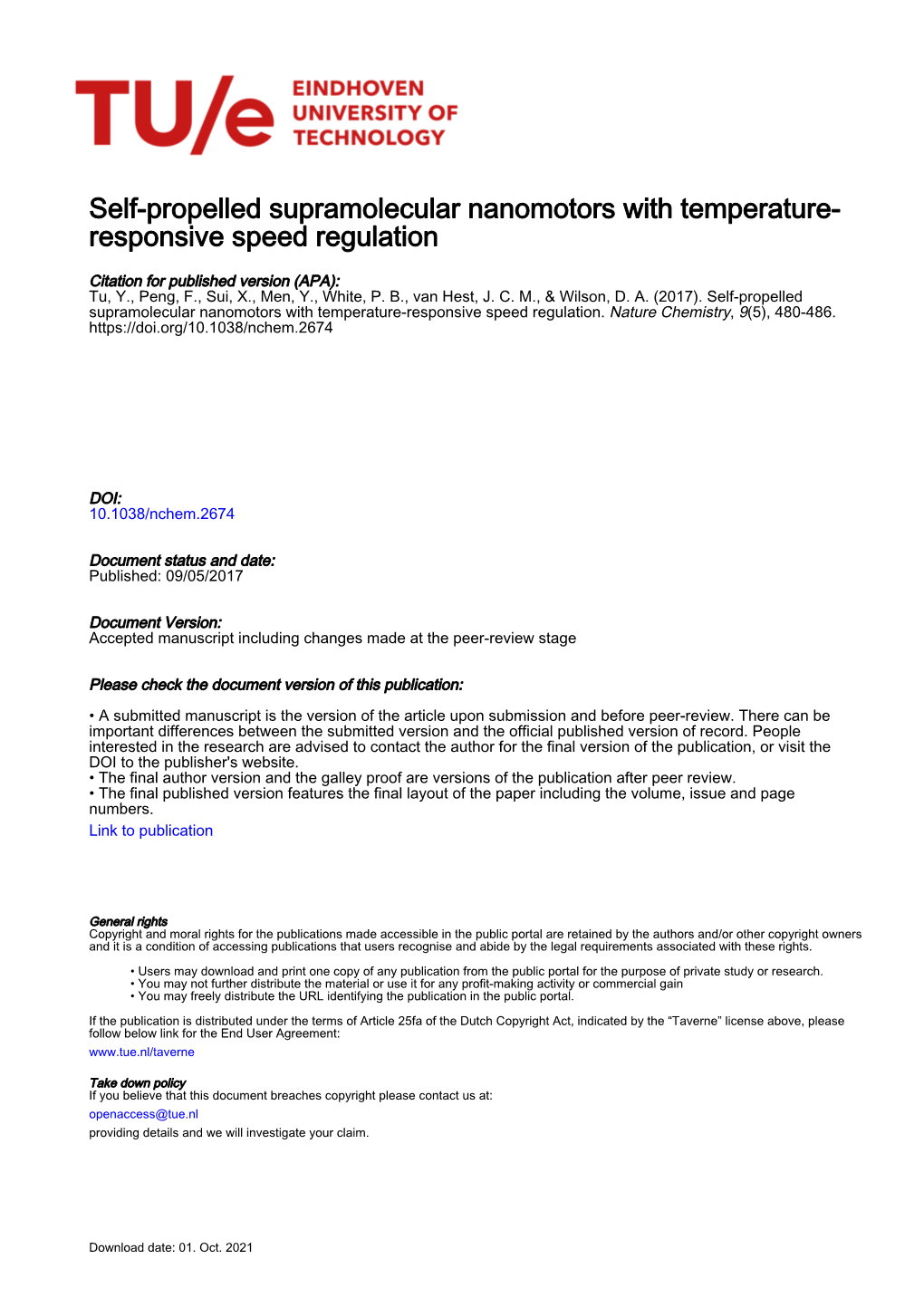 Self-Propelled Supramolecular Nanomotors with Temperature- Responsive Speed Regulation