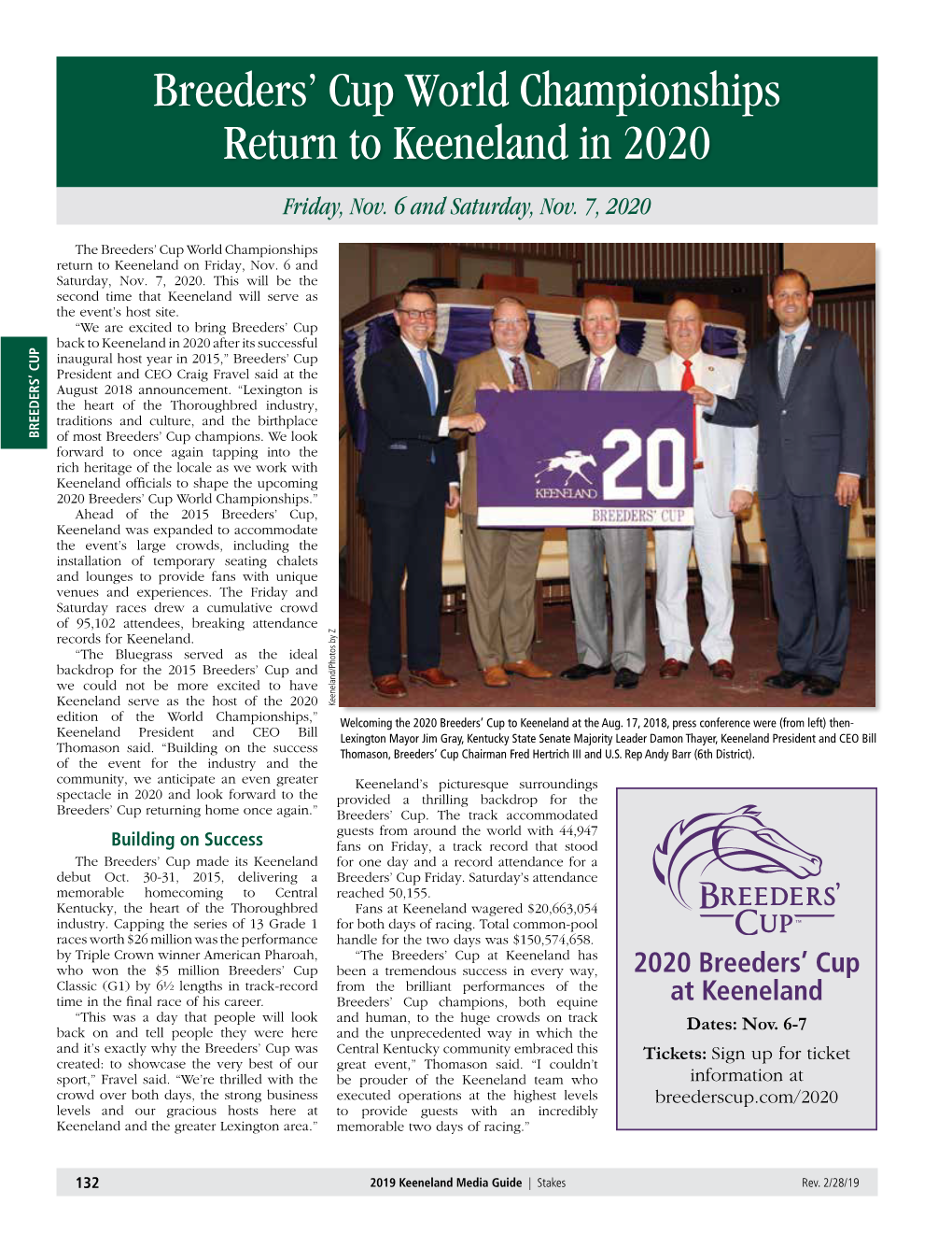 Breeders' Cup World Championships Return to Keeneland in 2020