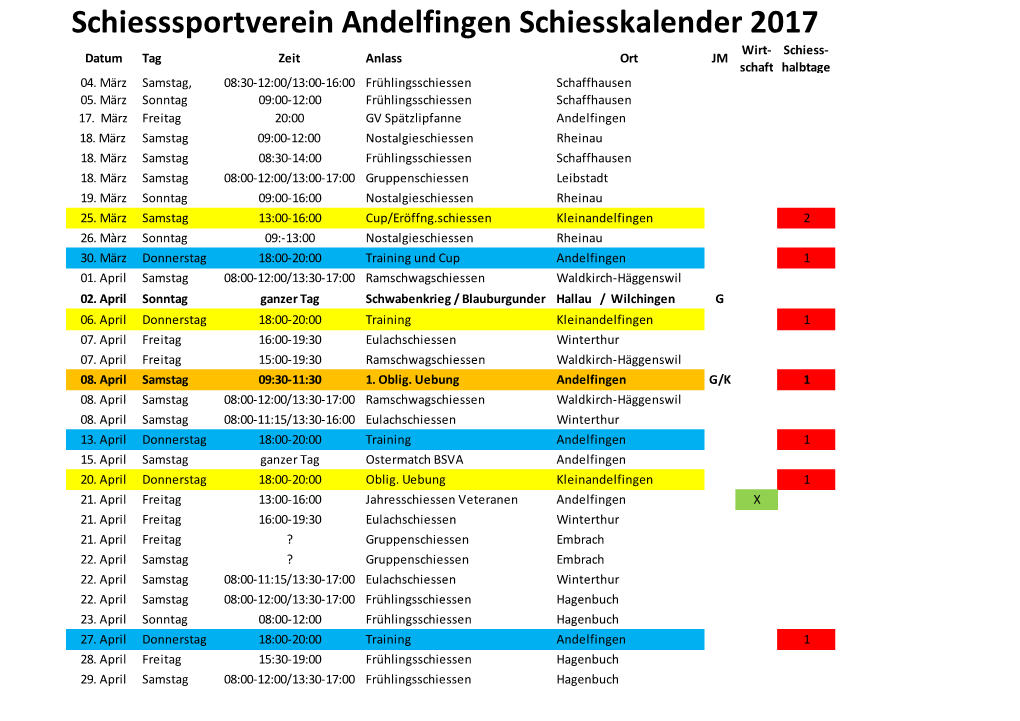Schiesssportverein Andelfingen Schiesskalender 2017 Wirt- Schiess- Datum Tag Zeit Anlass Ort JM Schaft Halbtage 04