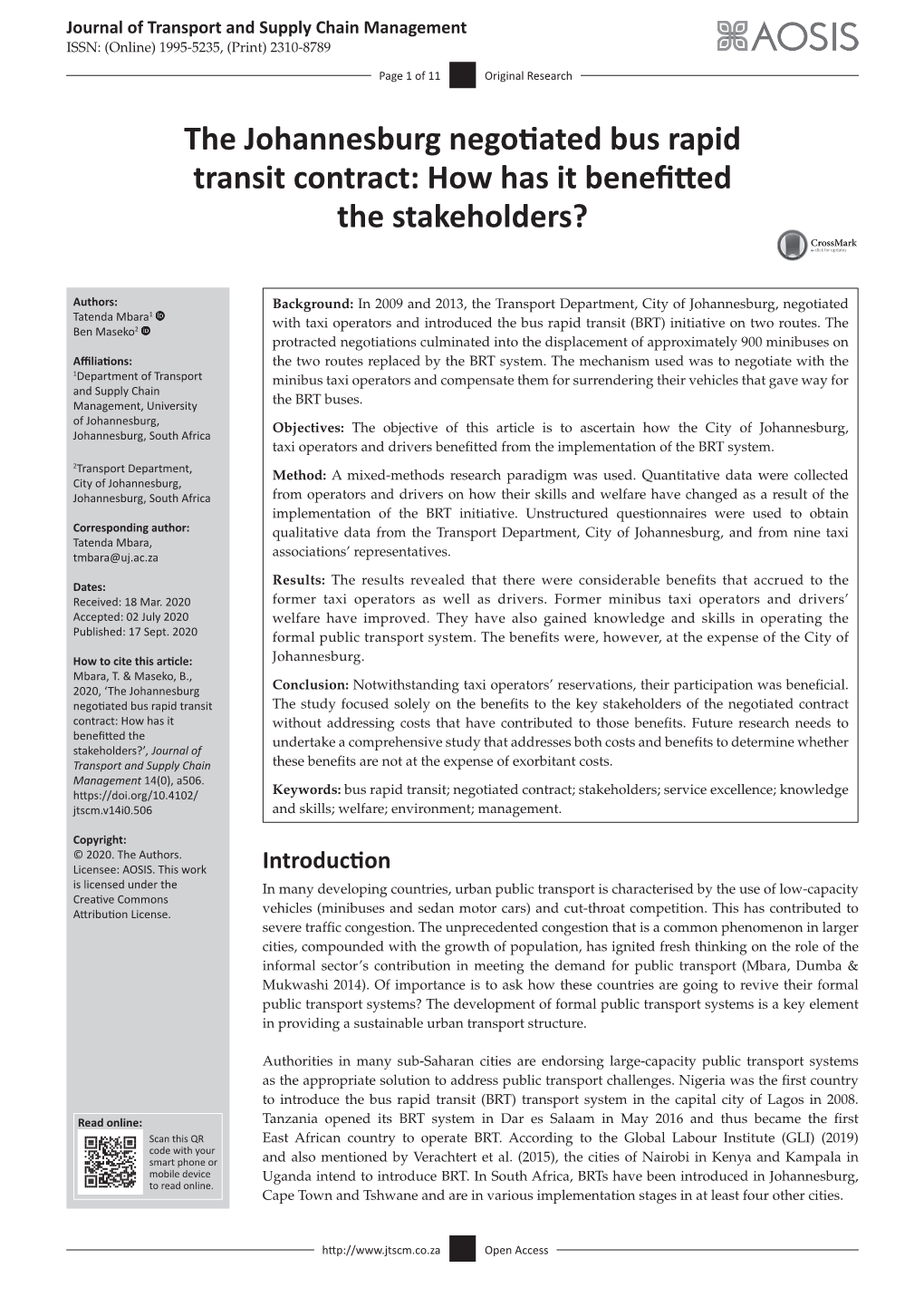 The Johannesburg Negotiated Bus Rapid Transit Contract: How Has It Benefitted the Stakeholders?