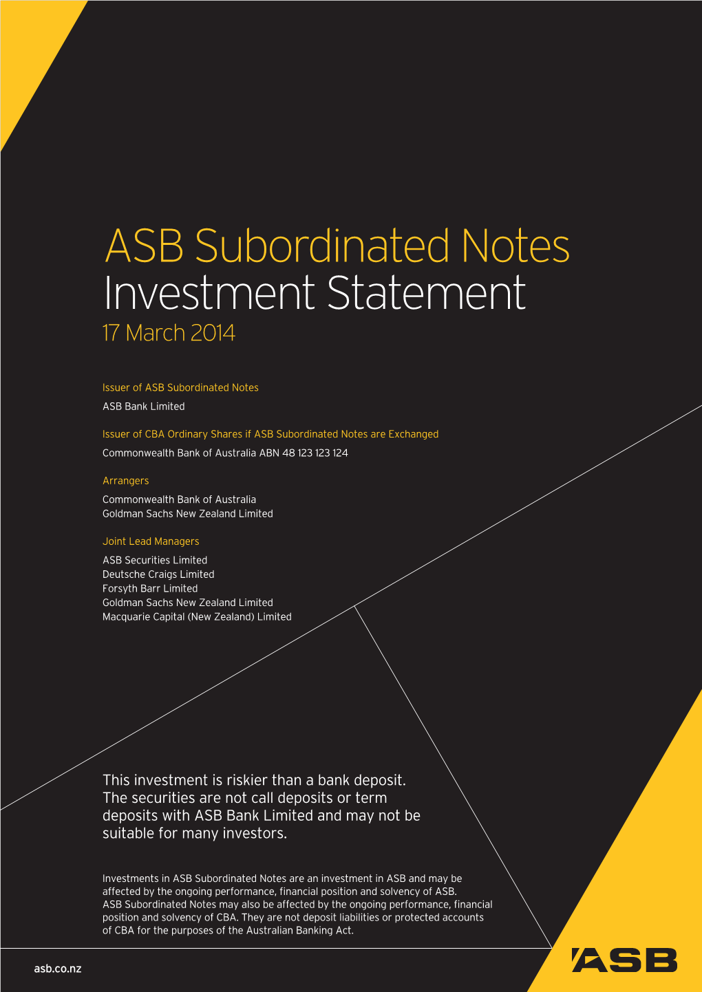 ASB Subordinated Notes Investment Statement 17 March 2014