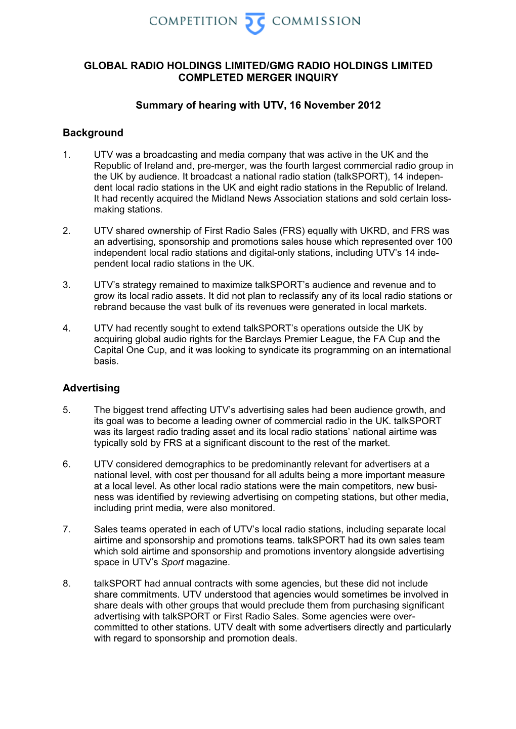 Summary of Hearing with UTV, 16 November 2012