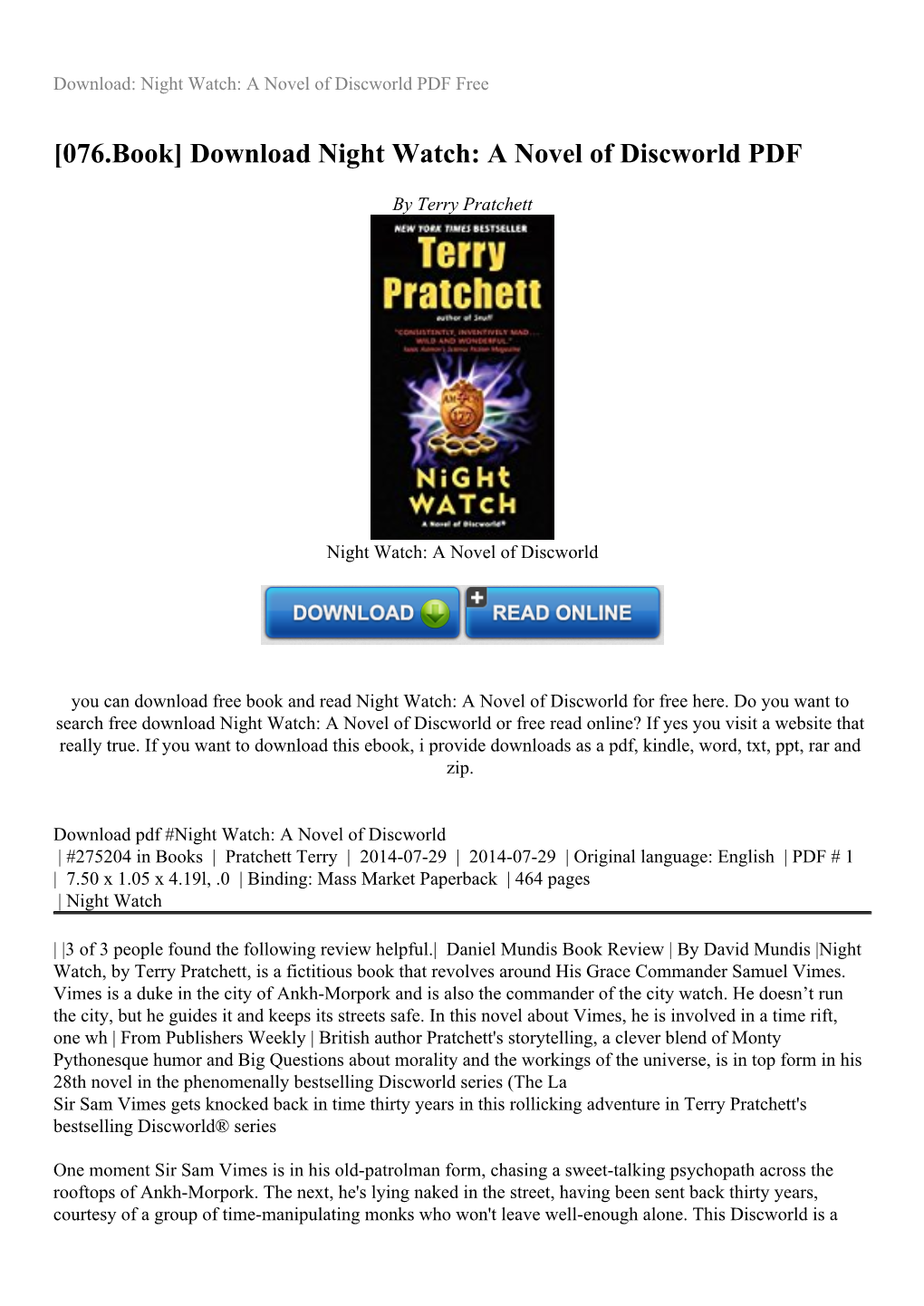 [076.Book] Download Night Watch: a Novel of Discworld PDF