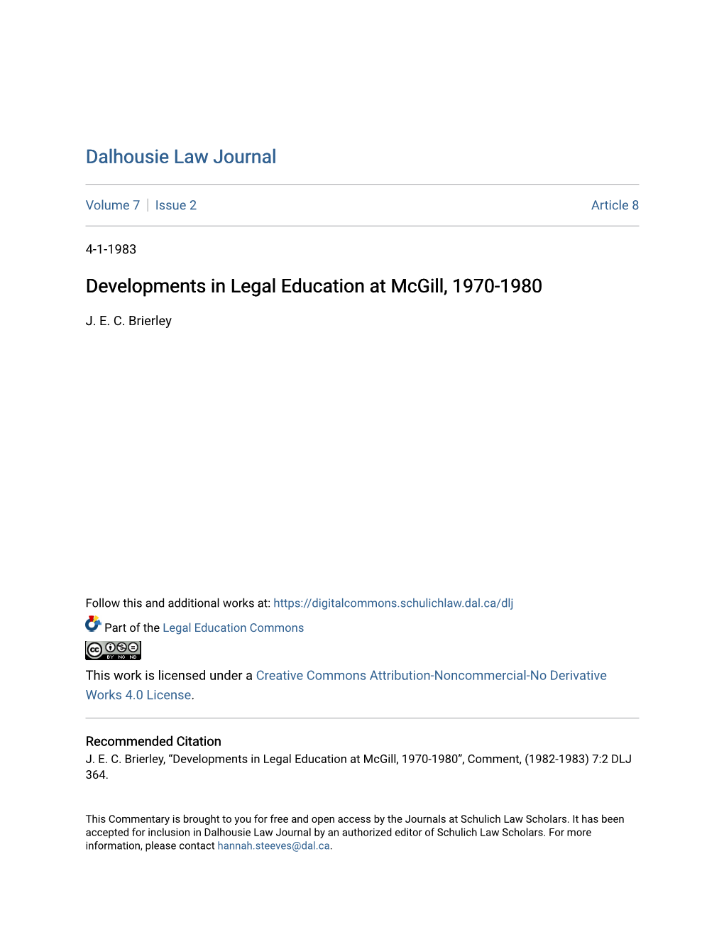 Developments in Legal Education at Mcgill, 1970-1980