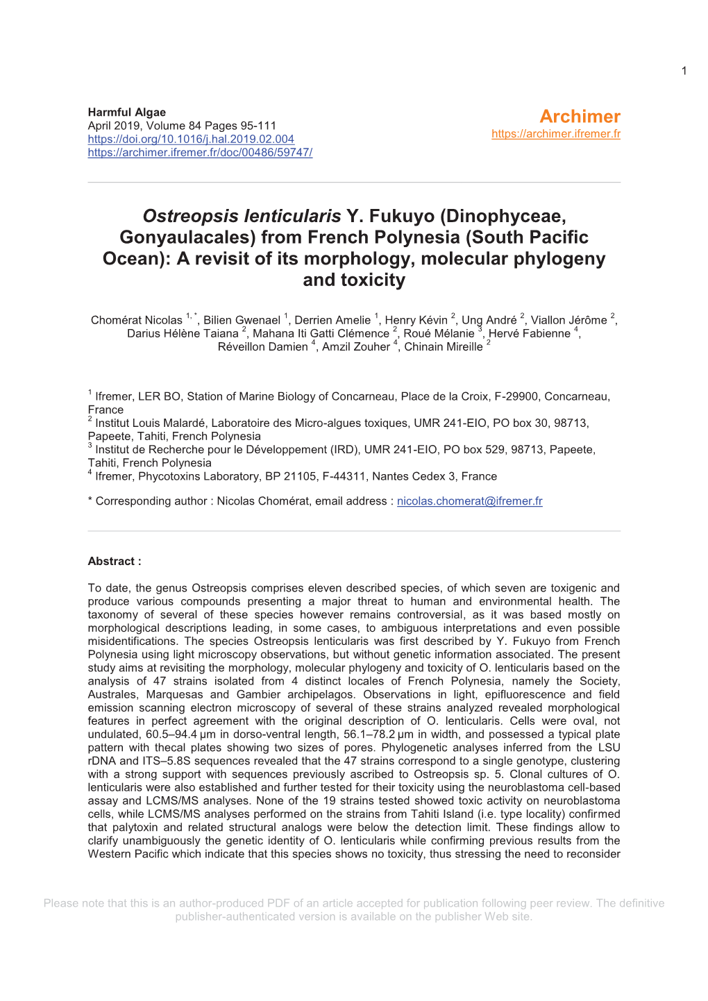 Ostreopsis Lenticularis Y. Fukuyo (Dinophyceae, Gonyaulacales) from French Polynesia (South Pacific Ocean): a Revisit of Its