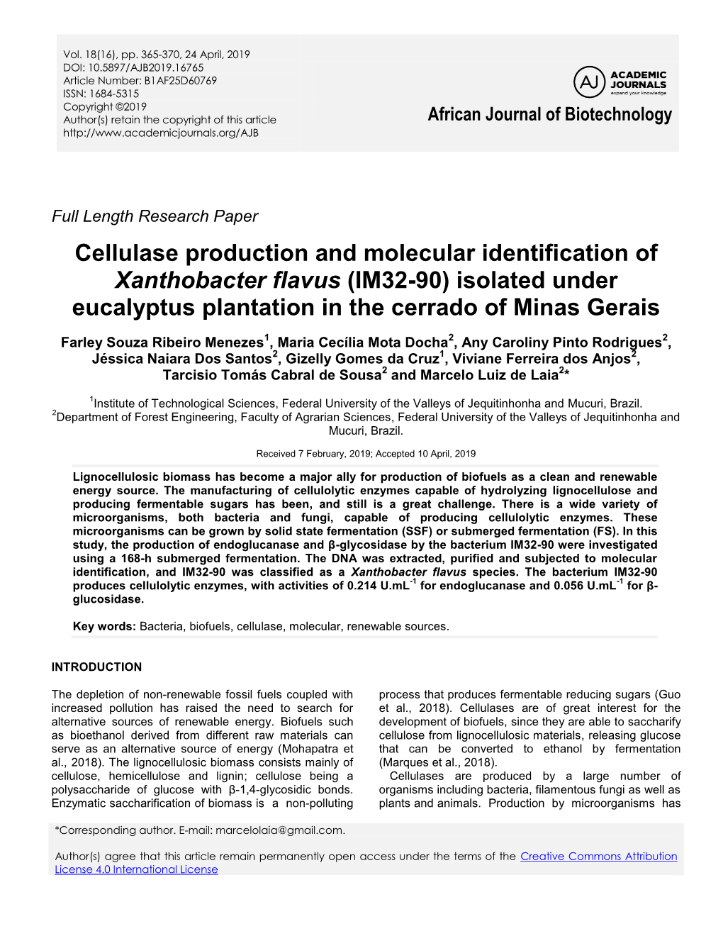 Cellulase Production and Molecular Identification of Xanthobacter Flavus (IM32-90) Isolated Under Eucalyptus Plantation in the Cerrado of Minas Gerais