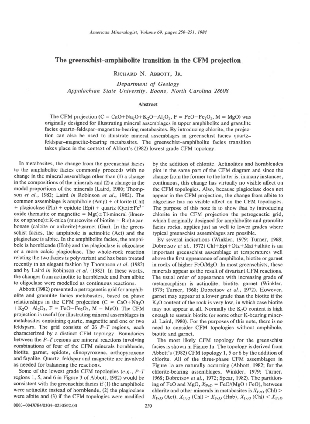 The Greenschist-Amphibolite Transition in the CFM Projection