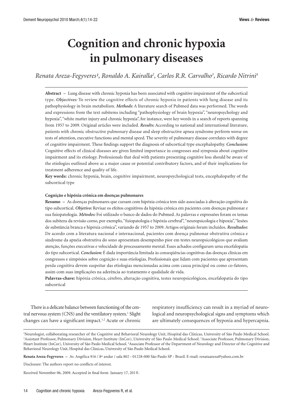 Cognition and Chronic Hypoxia in Pulmonary Diseases