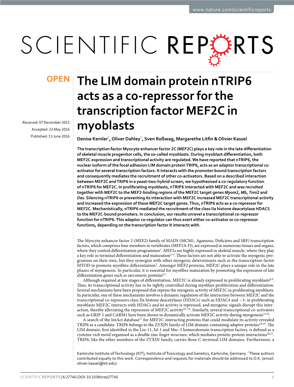 The LIM Domain Protein Ntrip6 Acts As a Co-Repressor for the Transcription Factor MEF2C in Myoblasts